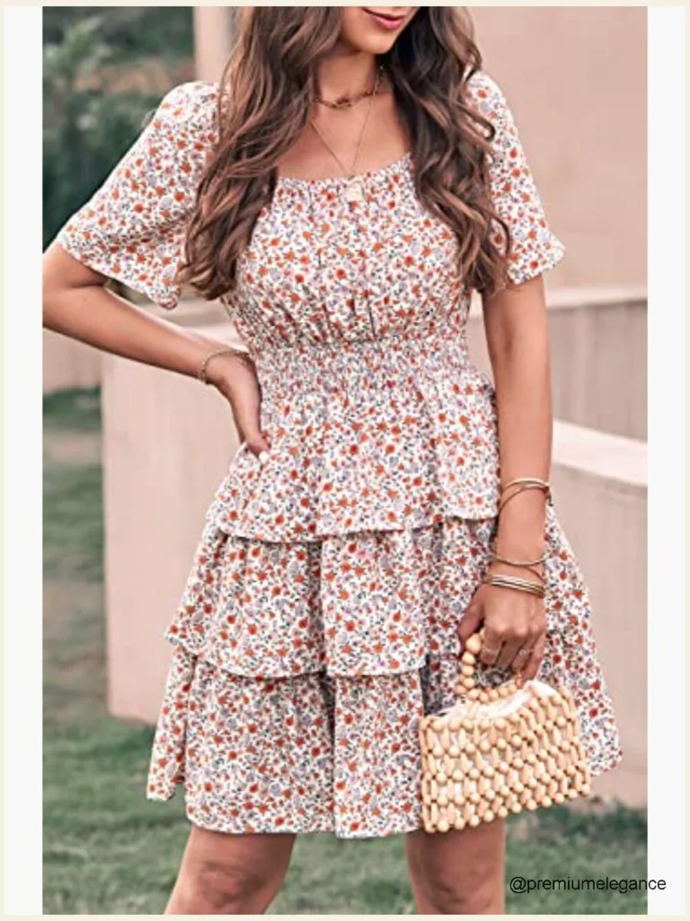 Floral Square Neck Short Sleeve Tiered Ruffle Boho Swing Mini Dress - Picture 2 of 7